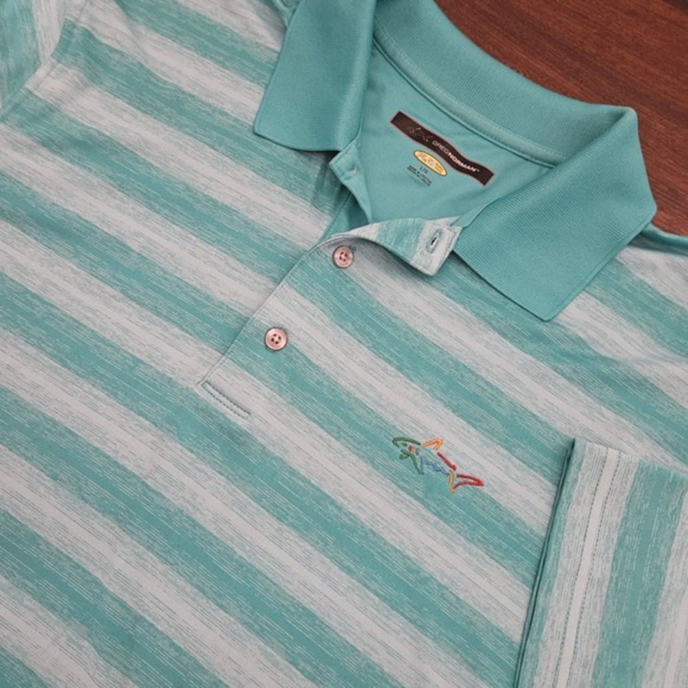 Greg Norman‎ Play Dry Performance Golf Polo Shirt Green Teal Stripe Size Large
